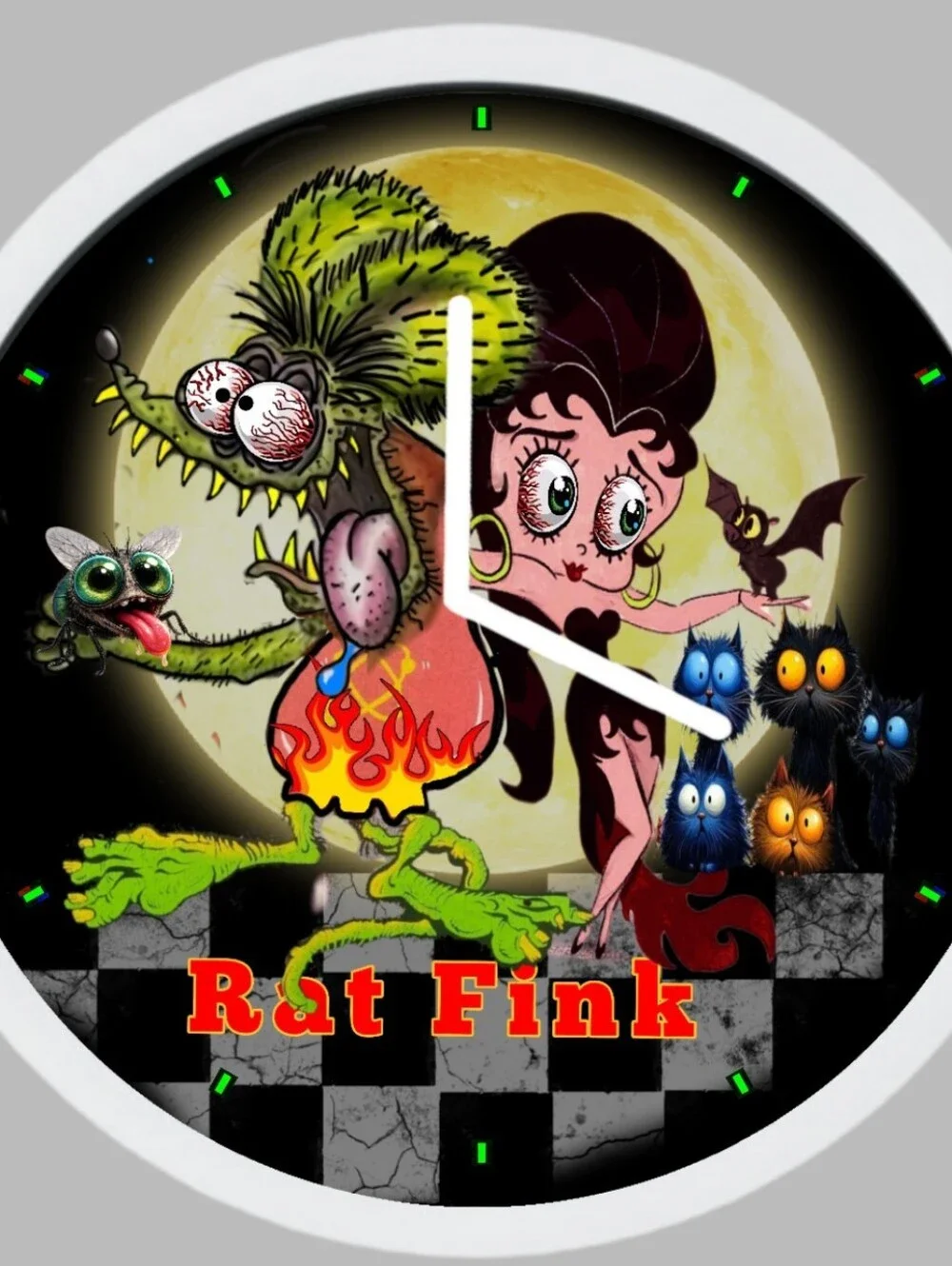 Rat Fink  And Betty Boop Graphic Wall Clock - Colorful Monster & Pin-Up Art
